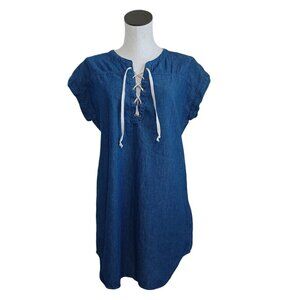Noble U Shirt Dress Blue Chambray Lace Up Neckline 100% Cotton‎ Womens Medium